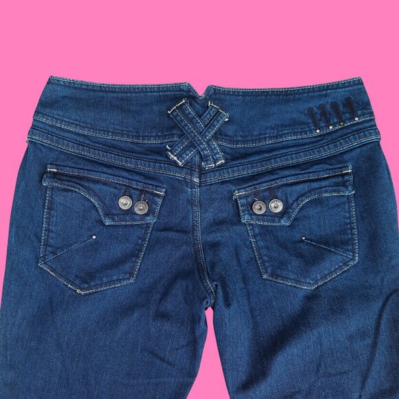 Y2K low Rise Bootcut Flare Jeans Dark Wash Flap Pockets US 11 Stretch Denim - Picture 7 of 9